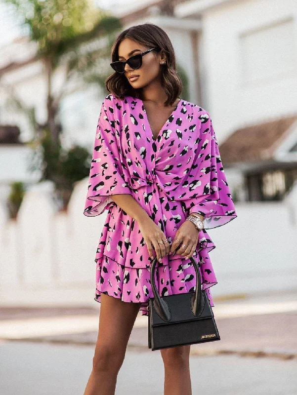 Printed V-neck Waist Batwing Sleeve Ruffled Dresses