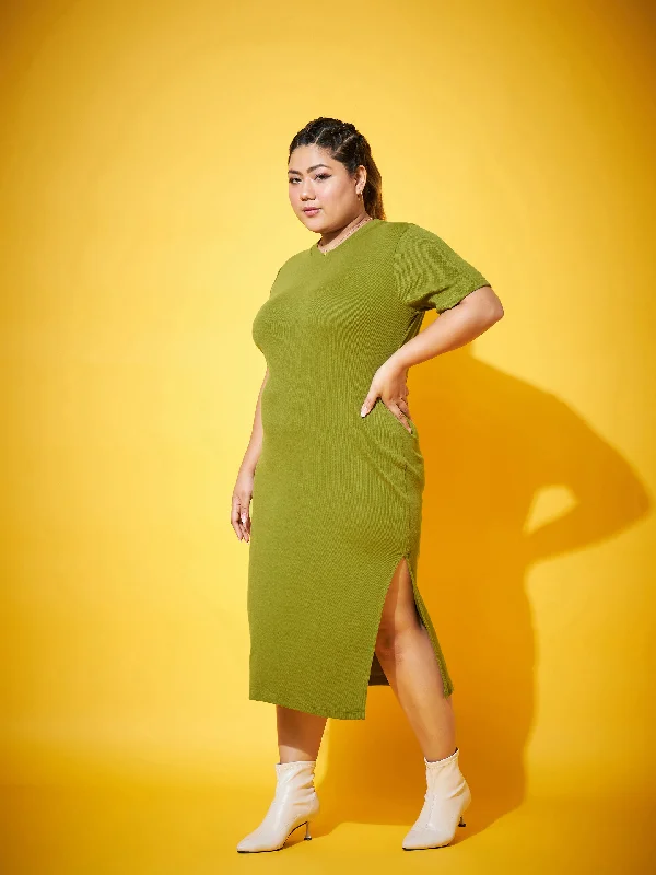 Women Olive Side Slit Straight Midi Dress