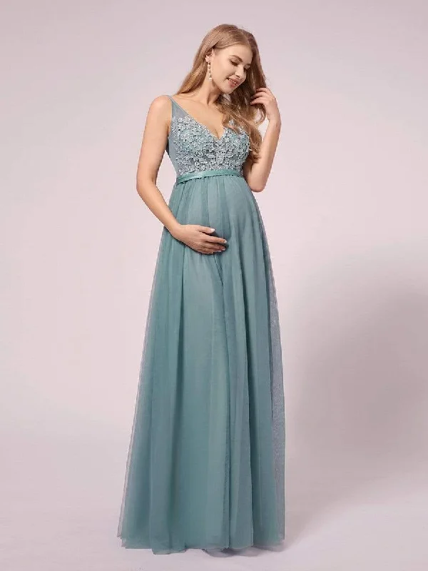 Special Discounts Inside!Double V-neck Lace Applique Bodice Maxi Maternity Dress