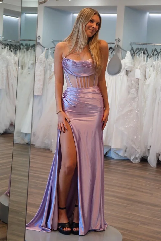 Flash Sale – Act Fast!Lilac Strapless Corset Mermaid Satin Long Prom Dress with Slit