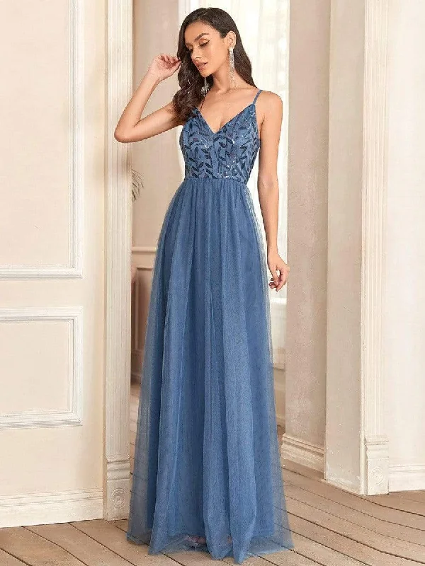 Price Drops You’ll Love!Soft Spaghetti Straps V-Neck Embroidery Evening Dress