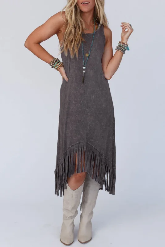 Don’t Wait – Shop Today!Fringe Hem Sleeveless Midi Dress