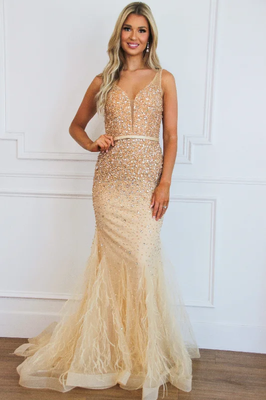 Hurry! While Supplies Last!Iris Embellished Feather Mermaid Formal Dress: Gold