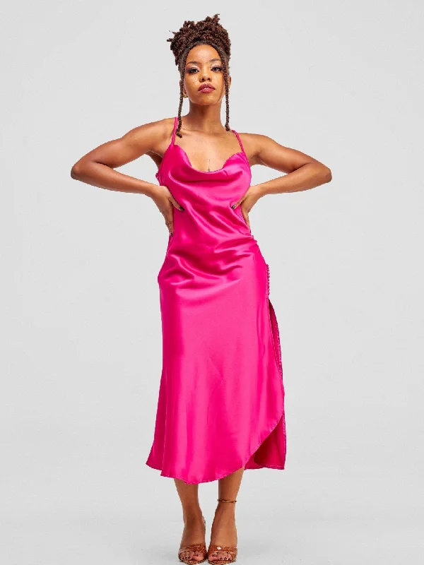 New Discounts Just Dropped!Lola Satin Slip Dress With Side Buttons - Hot Pink