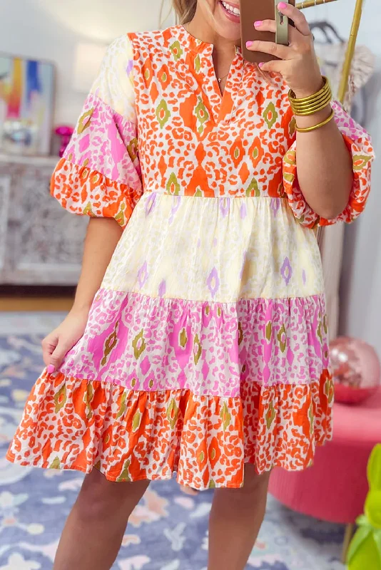 Your Shopping Spree Starts Here!Abstract Colorblock Bubble Sleeve Dress