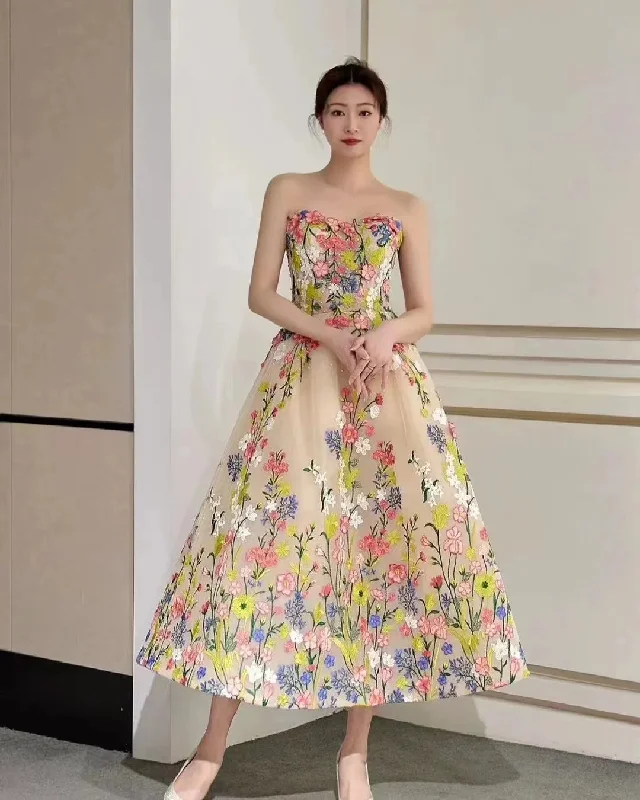 Your Chance to Save is Now!Floral Tea Length Prom Dresses, Elegant A-line Party Dresses, Newest Girl Graduation Dresses, Unique Prom Dresses, Newest Prom Dresses