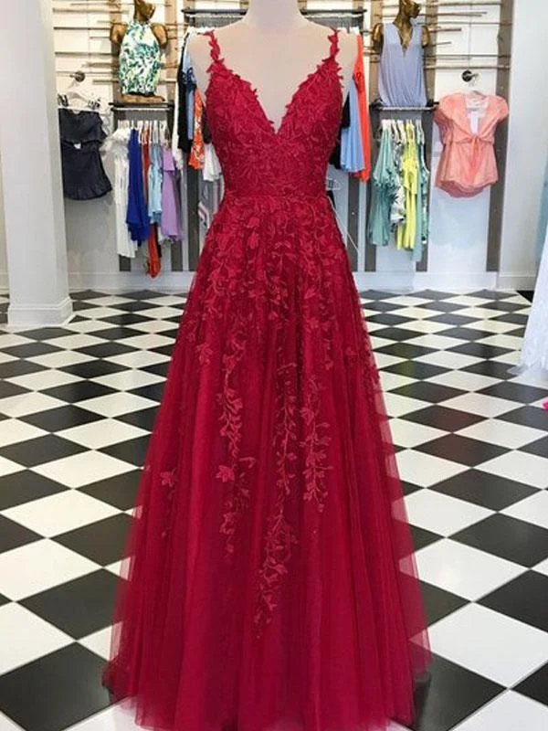 Shop More, Spend Less!Fancy Lace Long A-line Tulle Red Evening Party Prom Dresses