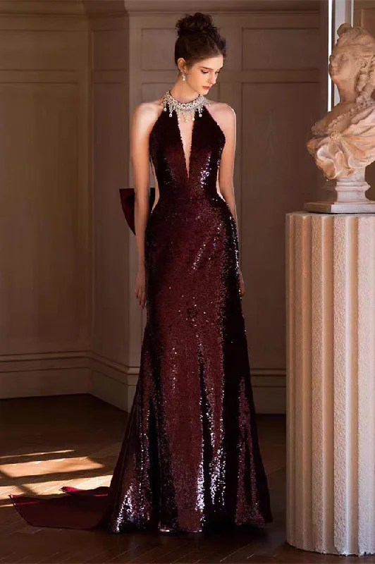 Price Drops You’ll Love!Halter Marron Sequin Mermaid Prom Dresses, Long Prom Dresses, Newest Prom Dresses