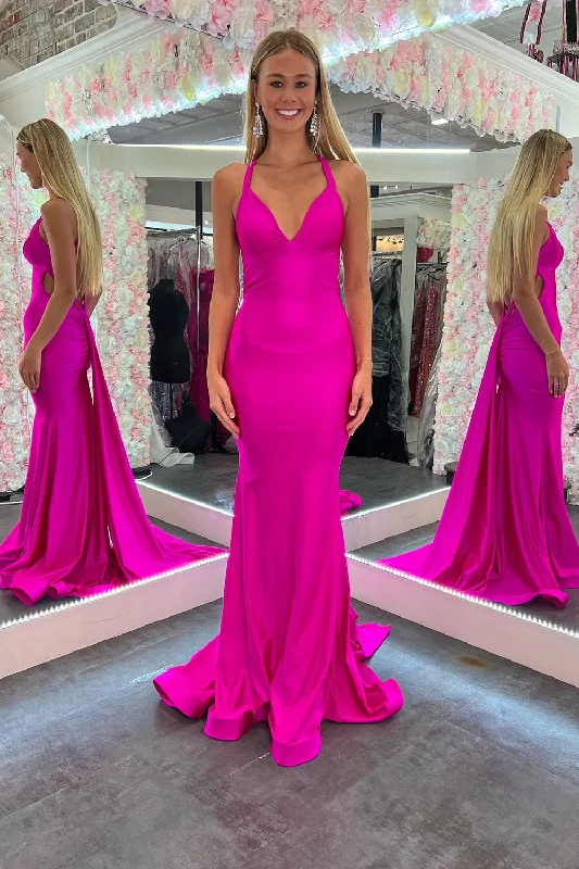 Snag the Best Prices Now!Mermaid Satin Halter Fuchsia Long Prom Dress