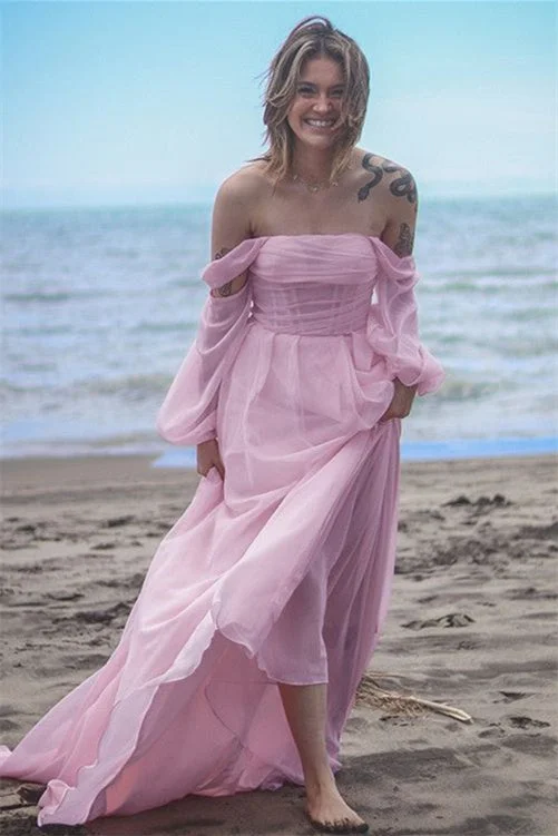 Time to Snag a Bargain!Pink Off the Shoulder Prom Dresses, Vocation Dresses, Newest Prom Dresses, Simple Beach Wedding Dresses
