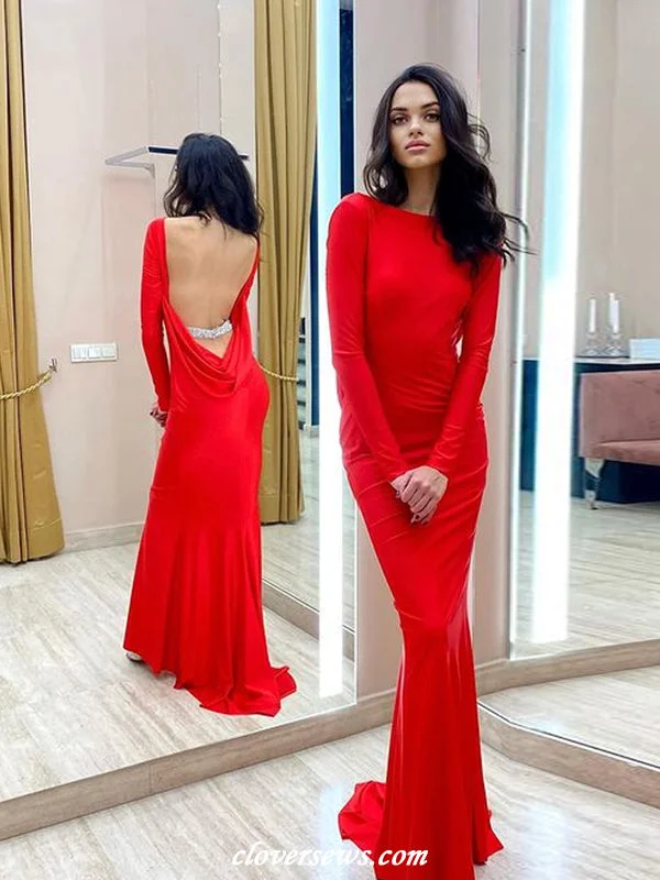 Your Chance to Save is Now!Red Jersey Long Sleeves Backless With Sparkly Bead Mermaid Formal Dresses, CP1177