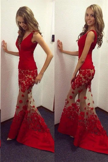 Shop the Hottest Deals!Sexy Red V-Neck Mermaid Prom Dresses Sheer Skirt Long Lace