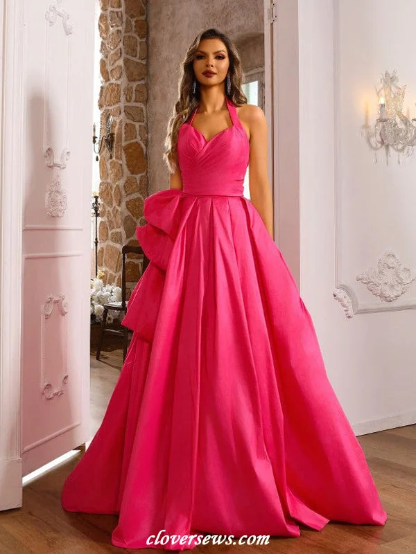Save Like Never Before!Watermelon Red Satin Bubble A-line With Slit Halter Prom Dresses, CP1180