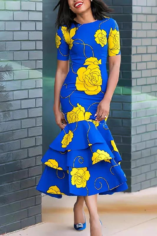 The Sale You’ve Been Waiting For!Contrasting Floral Print Bright Tiered Fishtail Midi Dress