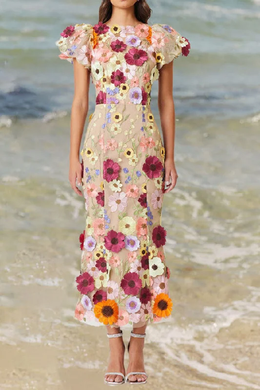 Sale Alert – Get Ready to Shop!Floral Embroidery Applique Romantic Puff Sleeve Midi Dress