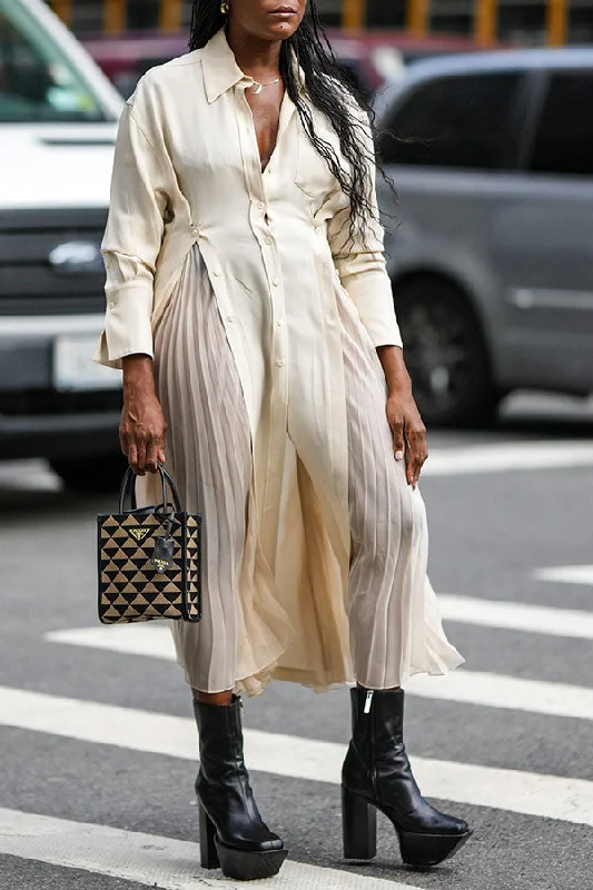 Get More for Less!Mesh Patchwork Solid Color Luxe Pleated Midi Dress