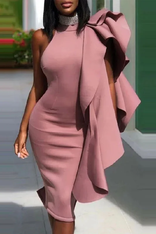 Hottest Discounts of the Year!Solid Color Romantic Irregular Ruffles Bodycon Midi Dress