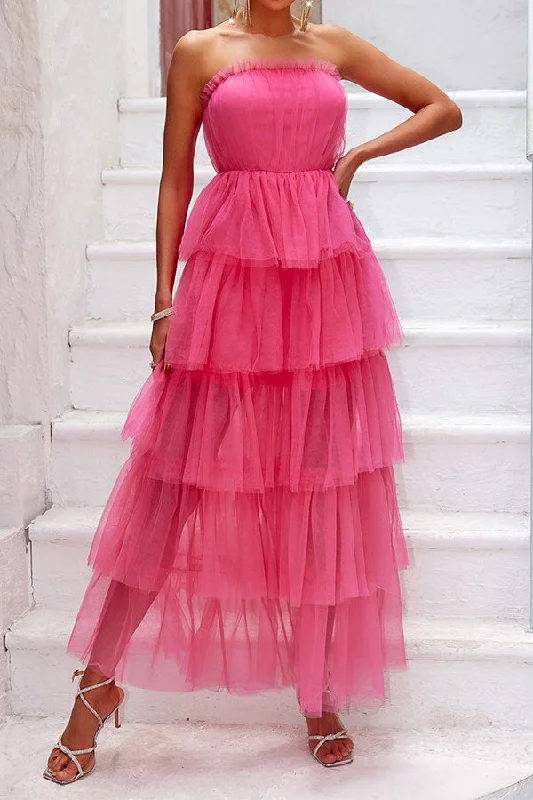 One Click Away from Big Savings!Solid Color Tulle Strapless Stunning Tiered Ruffles Midi Dress